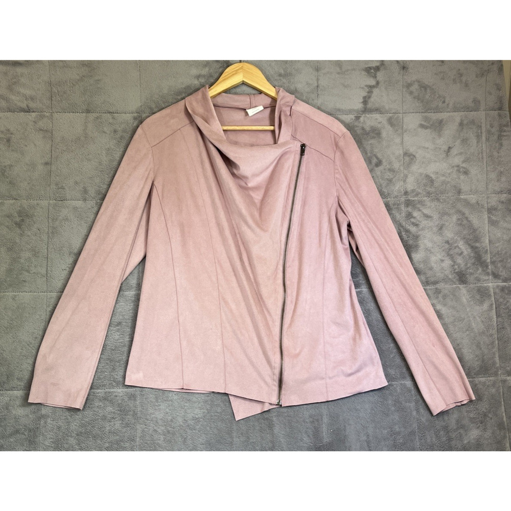 MOTE Jacket Women XL Pink Faux Suede Drape Neck Full Zip Asymmetrical Moto